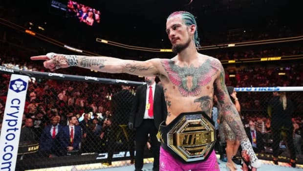 Sean O’Malley celebrates his successful UFC Bantamweight Championship defense against Chito Vera at UFC 299.